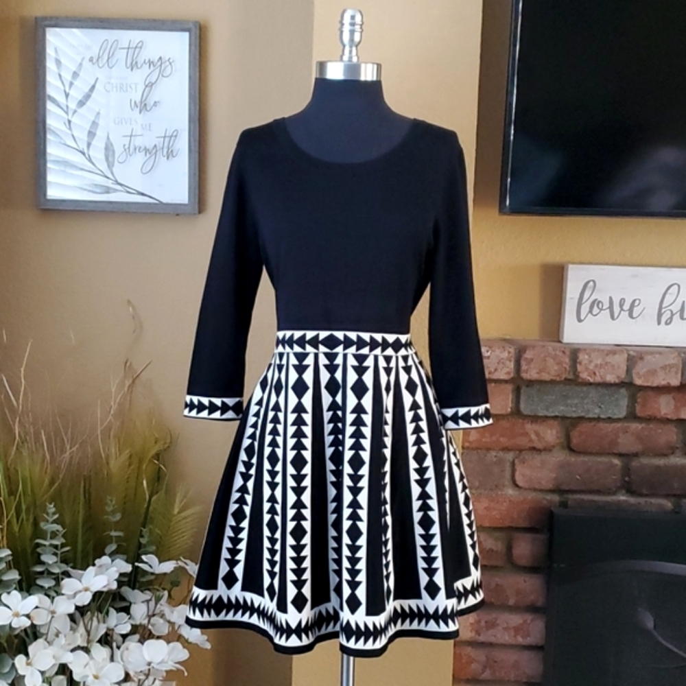 Nina Leonard Black & White Geometric Fit-and-Flare Dress